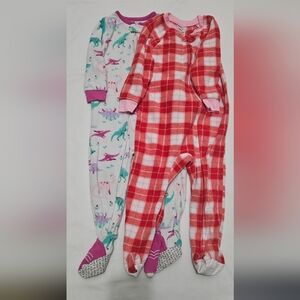 Lot of 2 Carters & Just Pajamas Girls 2T Fleece Footie Pajamas Dinosaurs Plaid